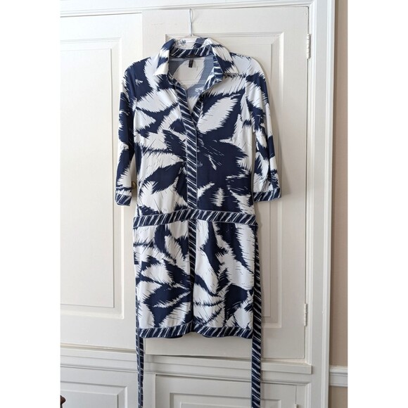 BCBG MAXAZRIA S blue cream palm leaf print belted drop waist dress size small - Picture 2 of 8